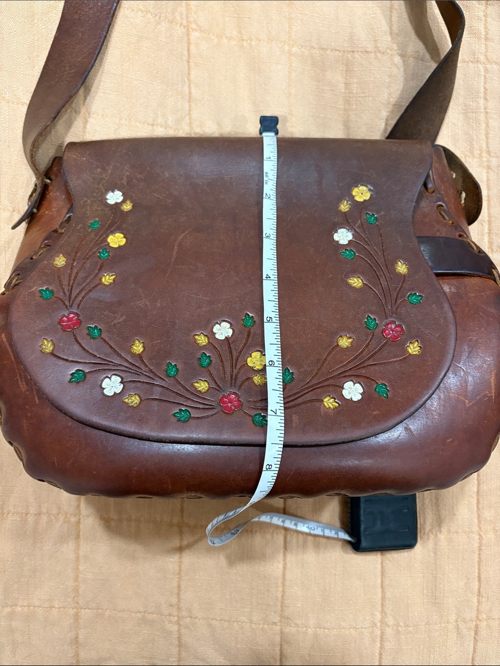 Vintage 70s Hand Tooled Leather Saddle Bag Painted Floral Whipstitch Boho - Picture 9 of 14